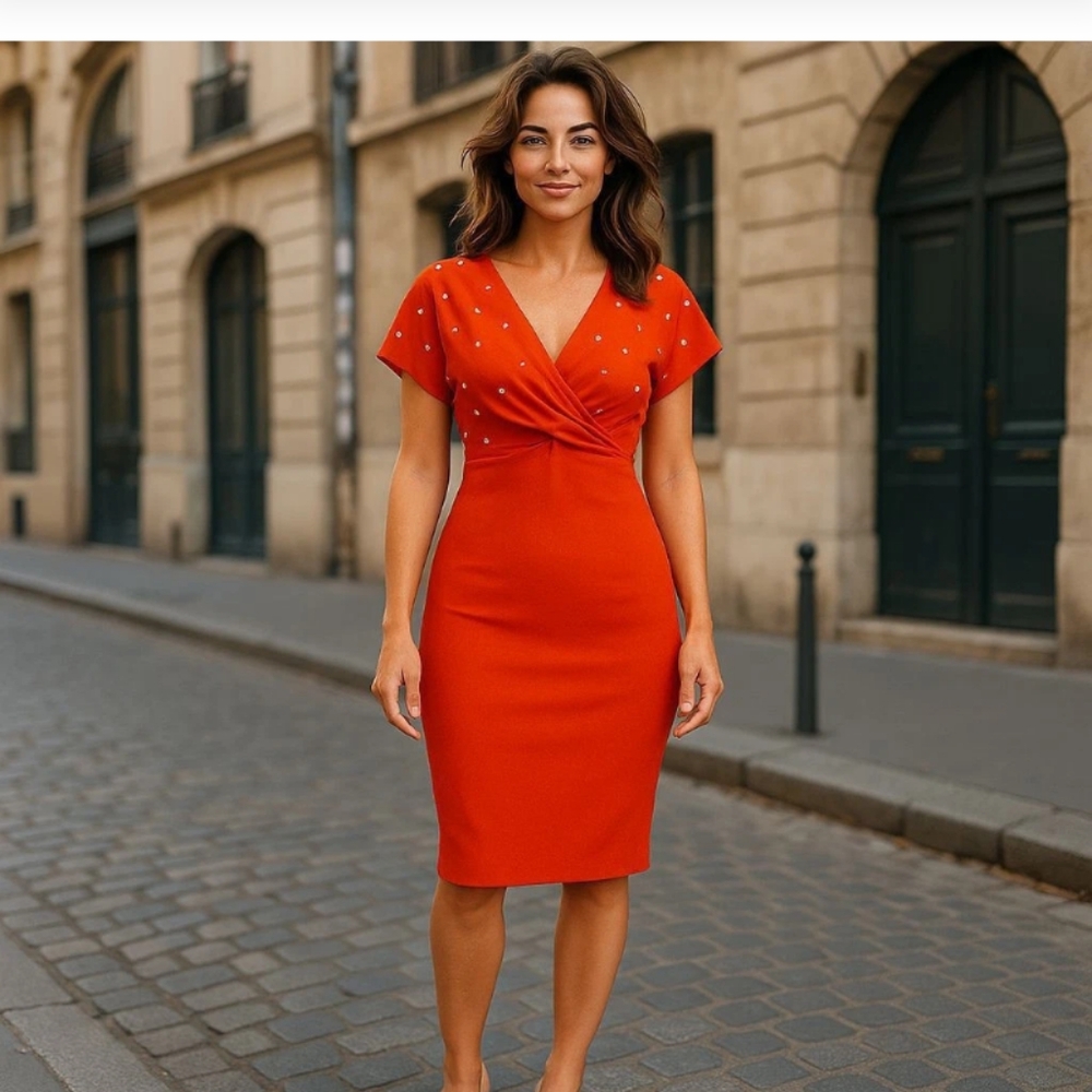 Elegant Orange  MEDIUM UNBRANDED Dress with White Accents